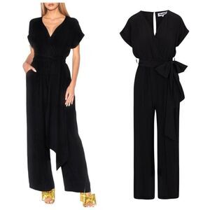 Meghan LA Wonderland Jumpsuit Wide Leg Surplice V-Neck in Black Size XXXL